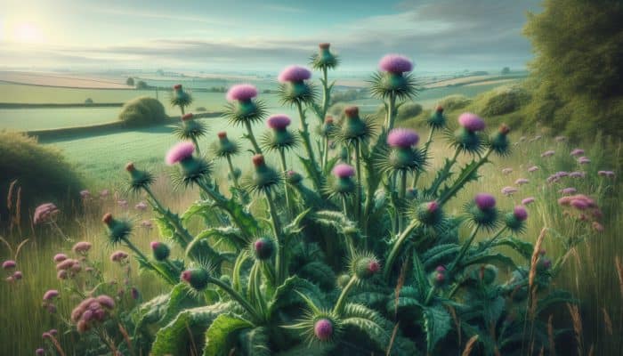 Illustration of milk thistle plants in a lush UK countryside, showcasing their purple flowers and spiky leaves.