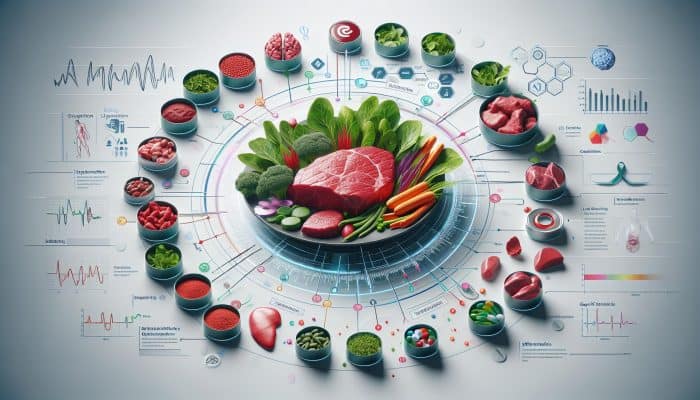 Illustration of dietary effects on ferritin levels, including red meat, greens, legumes, supplements, and health factors.