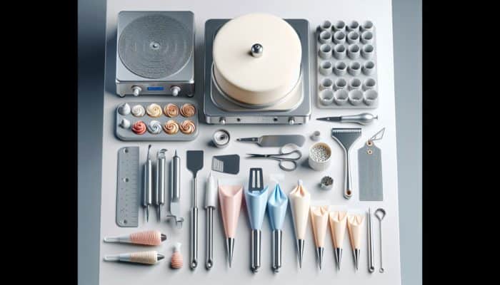 Top Tips for Advanced Cake Decorating: Professional cake decorating tools including spatula, turntable, molds, piping bags, flower nail, scissors, leveling tool, and palette knife.