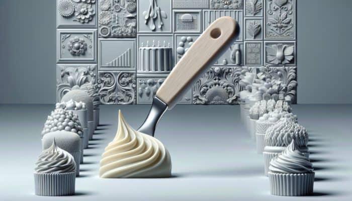 Spatula dipped in perfect consistency icing, holding shape, with decorated cakes in background.