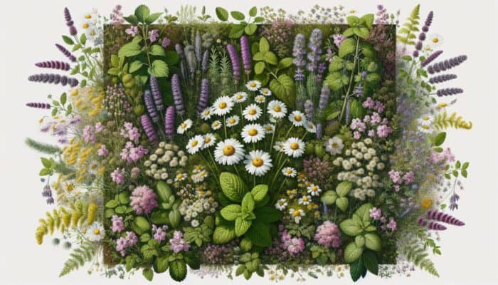Exploring the Basics of Herbal Remedies: A serene garden featuring chamomile, elderflower, lavender, thyme, nettle, rosemary, mint, and St. John's Wort, epitomizing holistic health.