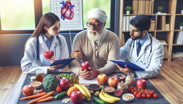 A local GP and dietitian in Weymouth review cholesterol results and plan a heart-healthy diet with a patient.