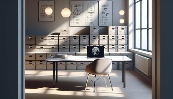 A person using a laptop on a desk in a minimalist UK home, surrounded by organized boxes, in soft natural light.