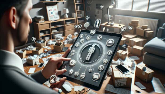 Person using tablet for home inventory and video call, listing items for sale in cluttered home.