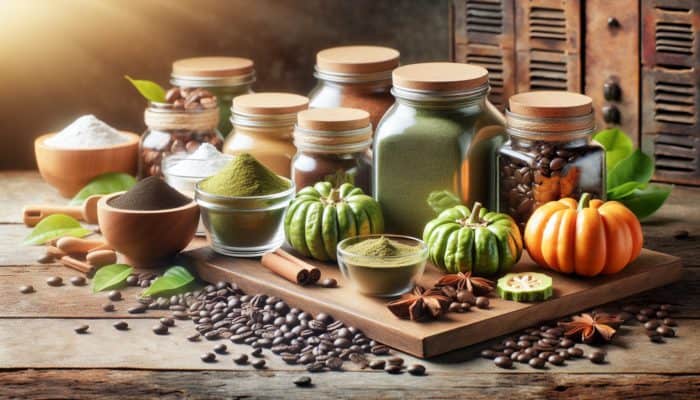Natural ingredients including green tea extract and Garcinia Cambogia displayed in glass jars on a rustic wooden table.