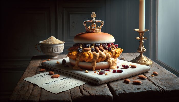 A classic British Coronation Chicken Sandwich with curried chicken, creamy sauce, raisins, and almonds.