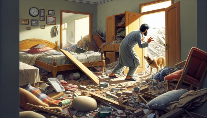 Person searching for pet in home post-earthquake, checking under beds and in closets amidst debris.