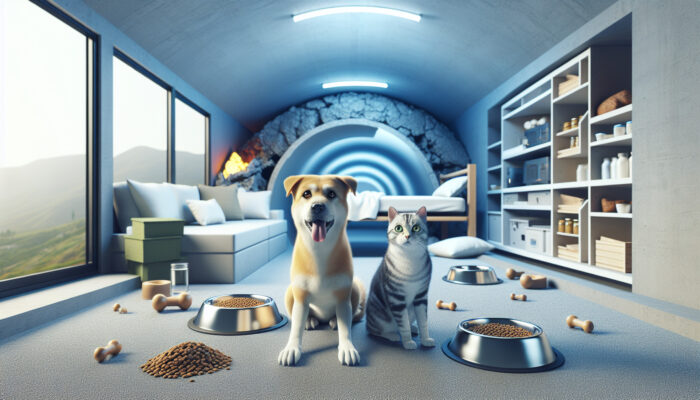 A dog and cat in a safe shelter with bowls of fresh water and food.