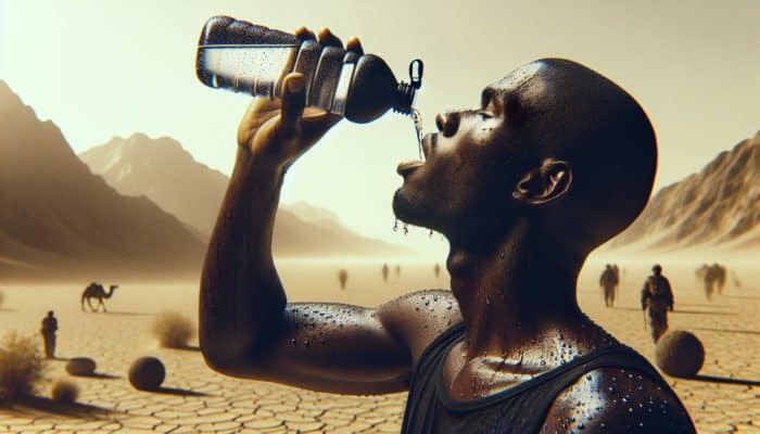 Hydration for Hot Climates: Person in desert drinking water, sweating, highlighting hydration's importance in extreme heat.