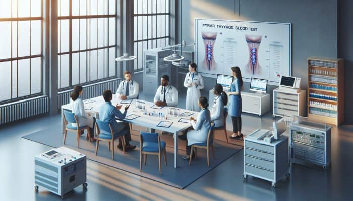 A serene medical clinic in Worthing with experts discussing thyroid blood test results, surrounded by charts and equipment.