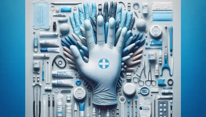 A selection of durable nitrile gloves from brands like Ansell, Sempermed, and Microflex on a medical background.