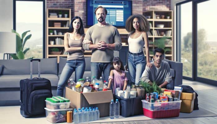 Surviving a City Blackout: Family stockpiling emergency supplies like food, water, and batteries for a blackout.