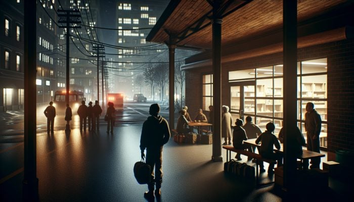 Person finding refuge in a warmly lit community center during a blackout, surrounded by family and evacuees.