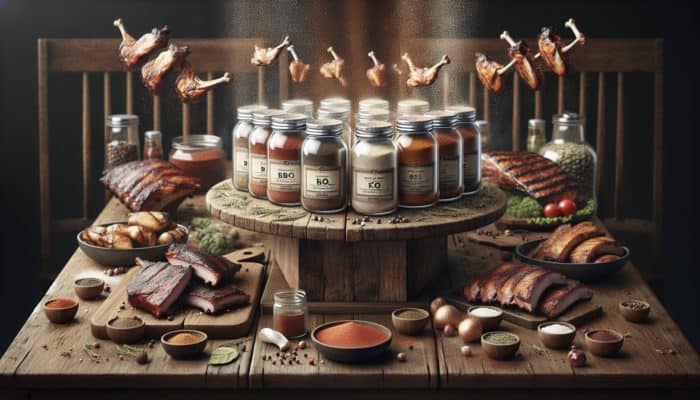How to Make Keto-Friendly BBQ Rubs: Glass jars of keto-friendly BBQ rubs on a rustic table with grilled meats and spices.
