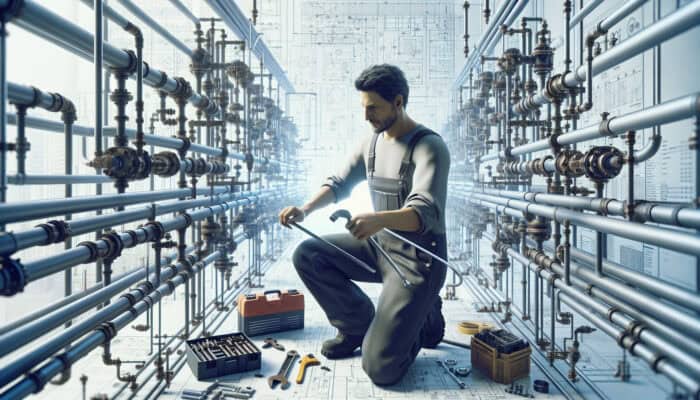 A plumber in overalls working on commercial plumbing systems in Ladner, Delta, showcasing expertise.