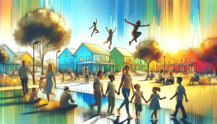 Families enjoying parks, playgrounds, and community events in vibrant neighbourhoods with scenic lakes and sunny skies.