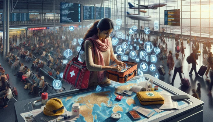 Traveler at airport preparing emergency kit, studying map with exits and hospitals, noting local emergency numbers.