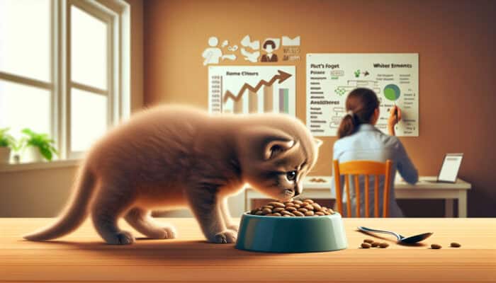 A kitten transitioning to solid food, symbolising growth and independence.