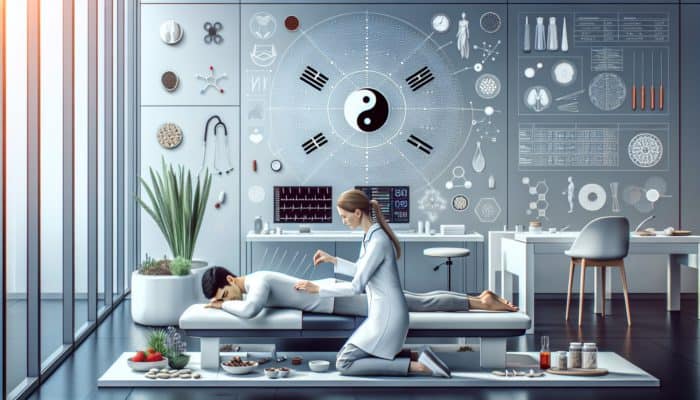 Acupuncture for Posture Correction: A serene acupuncture session in a modern UK clinic, with a practitioner inserting fine needles into a patient's back.