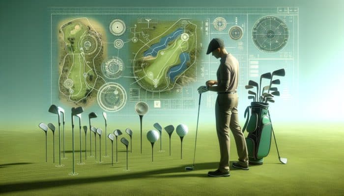 Golfer analyzing South African par-4 hole, adjusting strategy with clubs and course map.