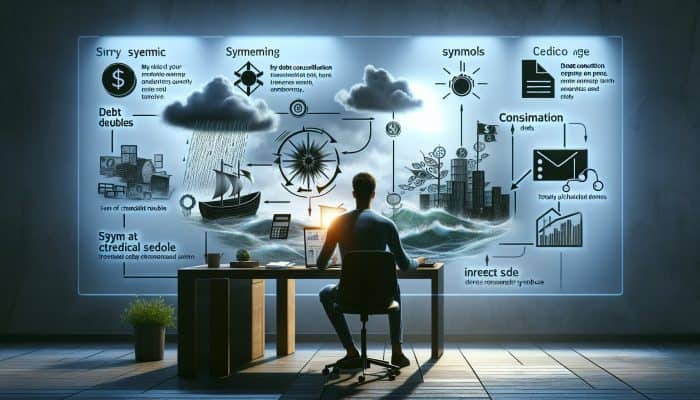 A person at a desk reviewing financial documents with charts illustrating debt consolidation's impact on credit scores.