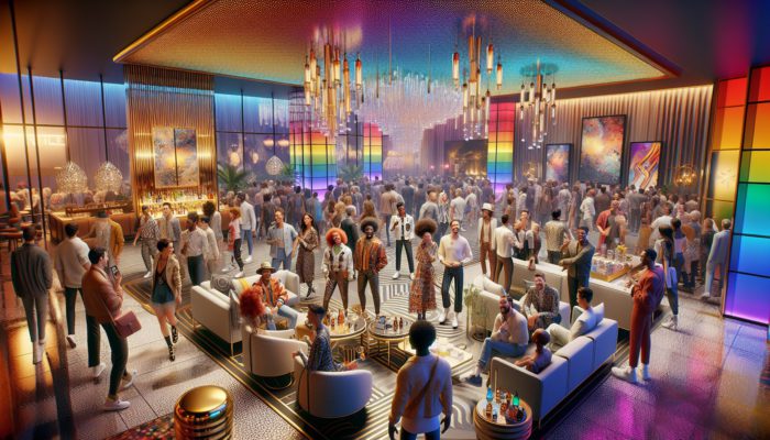 A vibrant, modern hotel lobby in Las Vegas, celebrating inclusivity with luxurious decor and colorful lighting for the LGBTQ+ community.