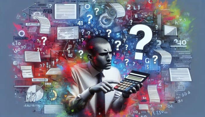 A person appears confused while using a calculator amidst scattered loan documents, graphs, and financial charts, illustrating the complexity and potential inaccuracies in debt consolidation loan cost calculations.