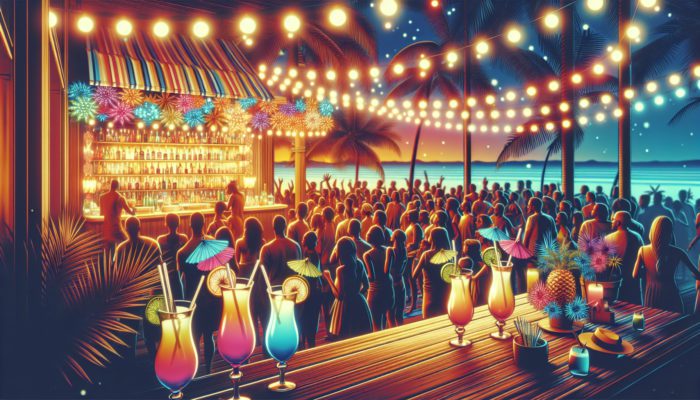 A vibrant Summerlin bar with tropical beach party decorations, colorful cocktails, and a festive crowd.