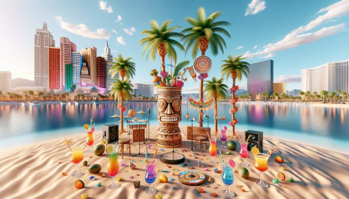 A vibrant Tiki Oasis festival in Las Vegas with palm trees, beaches, cocktails, music, and Polynesian decor.