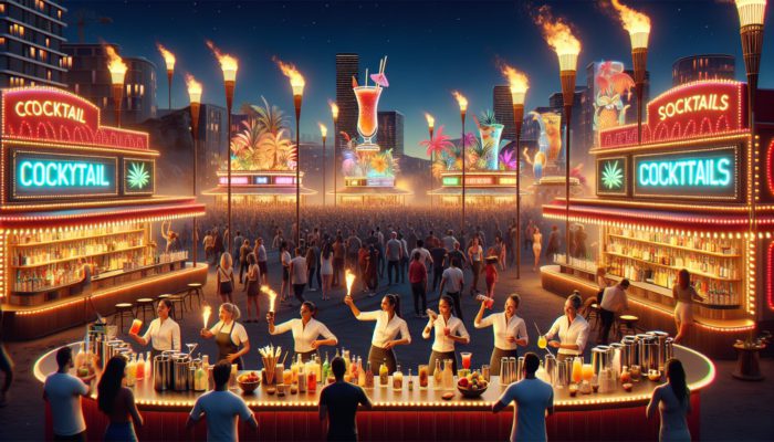 A vibrant Las Vegas night festival with tiki torches, colorful cocktail bars, and expert mixologists.