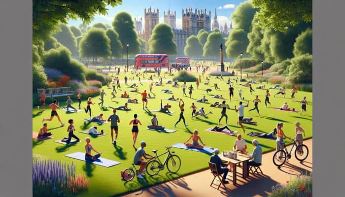 A vibrant UK park scene with people exercising, symbolizing mental wellness and community connection.