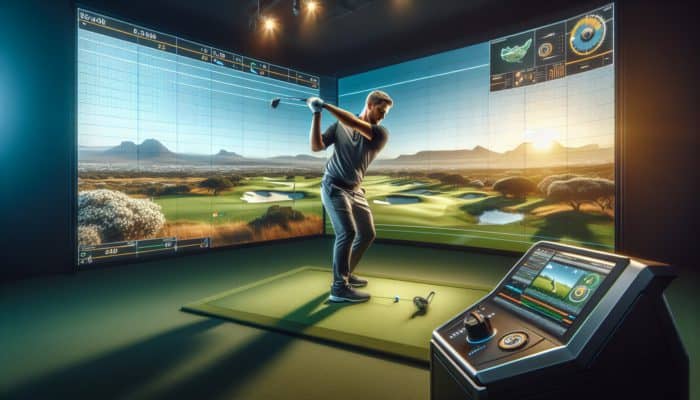 A South African golfer using a golf simulator for a virtual round with real-time swing analysis.