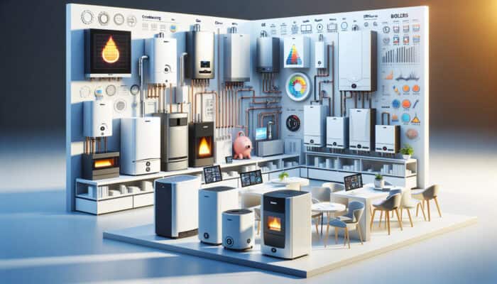 Boiler Services in Ladner Delta: A showroom in Ladner, Delta showcasing various modern boilers with efficiency ratings.