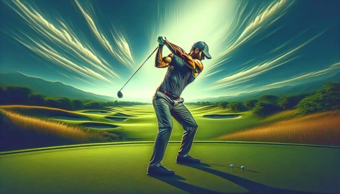 A fit golfer executing a strong, fluid swing on a lush green course.