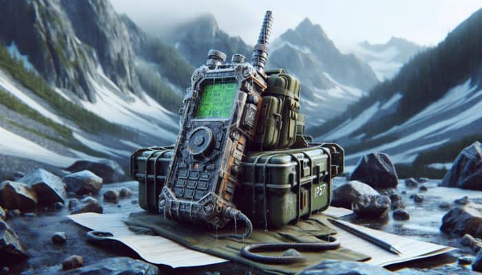 Rugged survival radio with military-grade casing, IP67 rating, enduring extreme conditions.