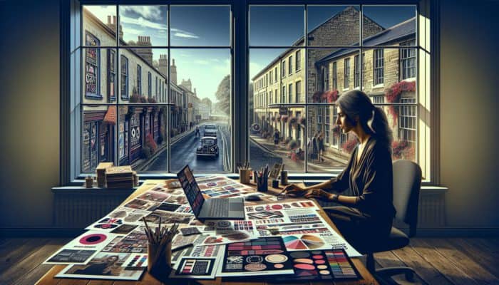 A small business owner in Calne working diligently at a desk surrounded by marketing materials and a laptop, with a view of historic architecture.