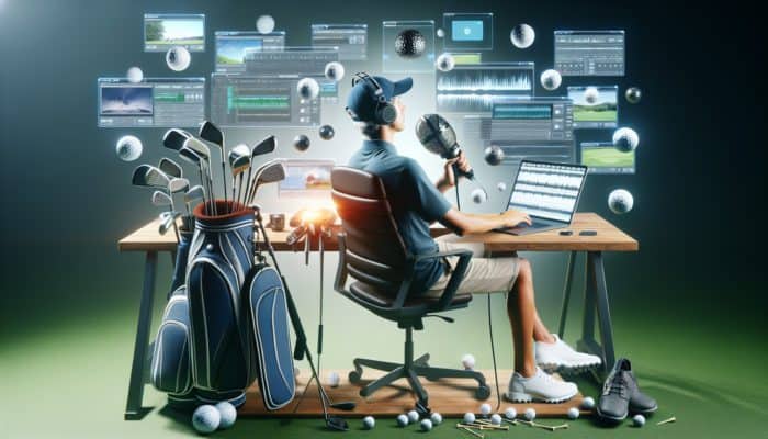 A South African golf journalist creating multimedia content with a laptop, microphone, and golf equipment.