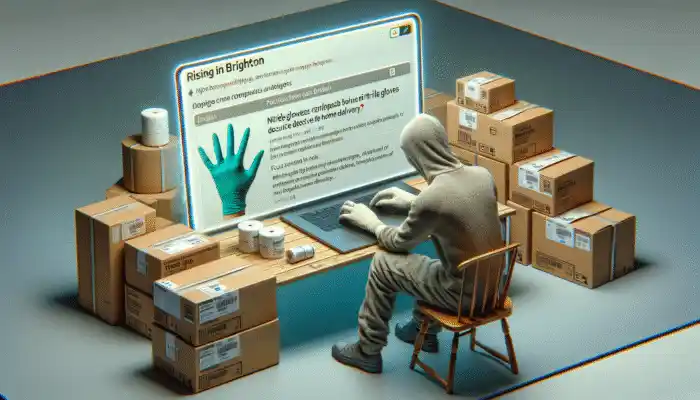 Person in Brighton using a laptop to compare and purchase nitrile gloves online for home delivery.