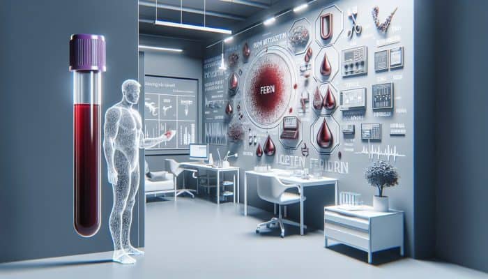 Illustration of ferritin blood test in a UK clinic, highlighting diagnosis of iron deficiency and overload.