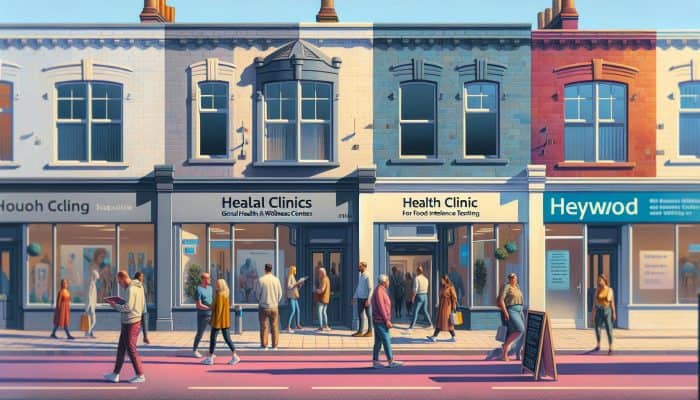 A busy street in Heywood with signs for clinics offering food intolerance testing, people coming and going.