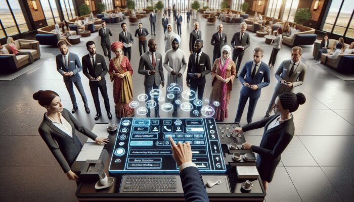 Hotel staff engaging with diverse guests in a luxurious lobby, using modern booking software and role-playing for enhanced service.
