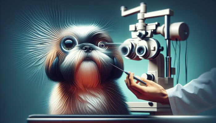 A vet examines a Shih Tzu's eyes for cataracts and glaucoma using specialized equipment.