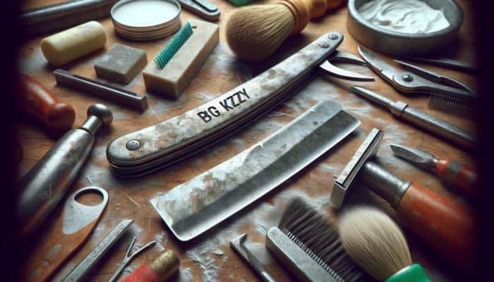 A neglected Big Kizzy razor with a dull, uneven blade on a cluttered workbench, surrounded by cleaning tools and sharpening stones.