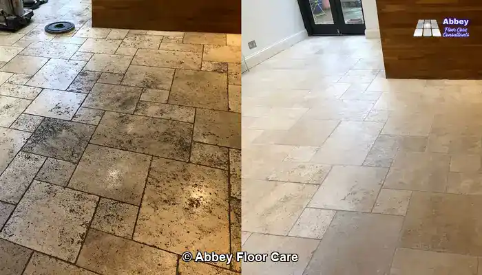 Tumbled travertine floor showcasing a clear before-and-after contrast post-professional restoration.