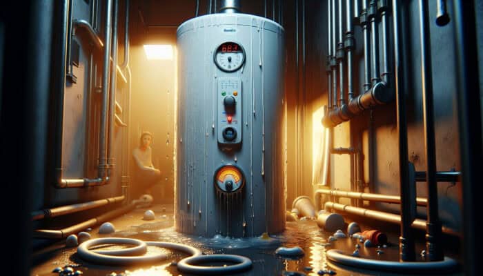 A malfunctioning water heater displaying leaks, sediment, and fluctuating gauges in a dimly lit utility room; a concerned homeowner nearby.