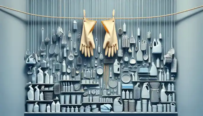 Clean rubber gloves drying on a line, with organised cleaning supplies in the background.