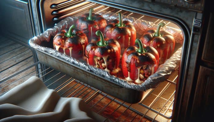 BBQ stuffed bell peppers baking in oven at 375°F, covered with foil on rustic table.