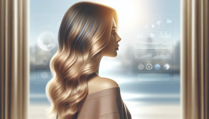 Woman with balayage blonde highlights reflecting natural sunlight on a bright day.