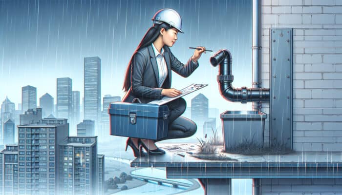 A professional inspecting a modern downspout system on a Richmond home during light rain, with city skyline.