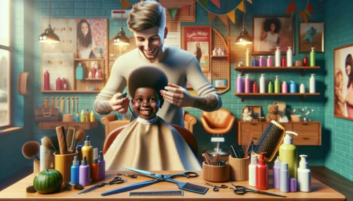 A skilled hairstylist giving a pixie cut to a smiling child in a bright and inviting salon.